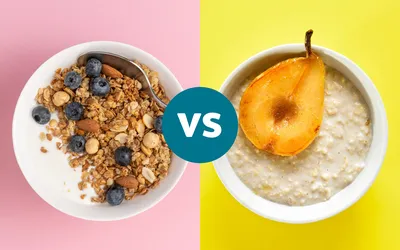 Side-by-side comparison of a granola bowl with berries and an oatmeal bowl with pear.