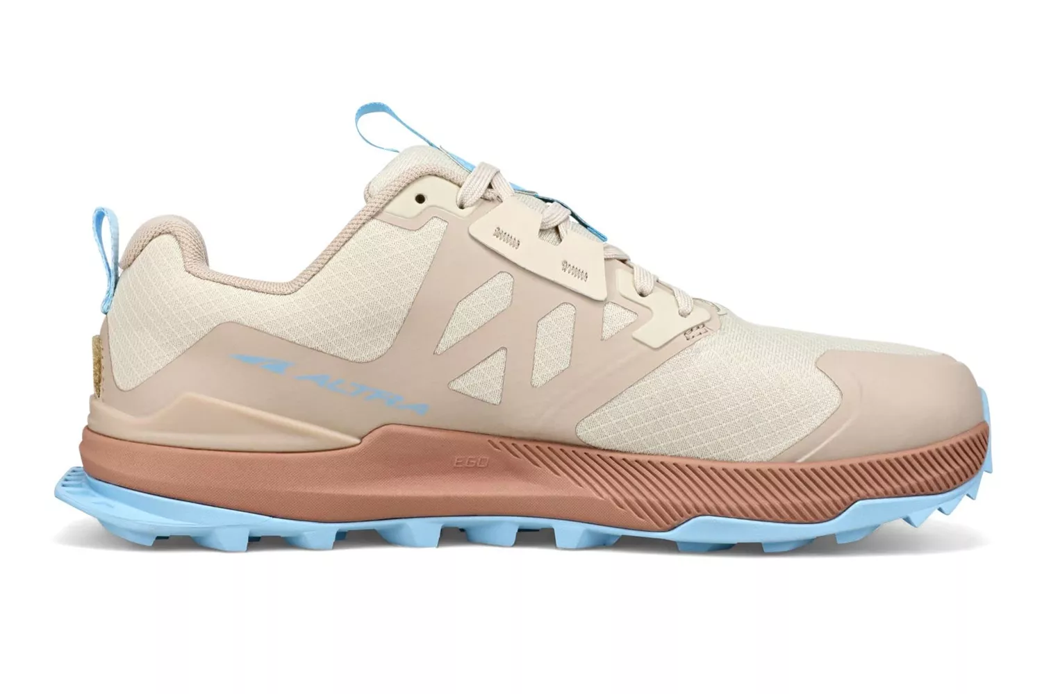 Side view of a rugged Altra trail running shoe with a deep-lugged outsole.